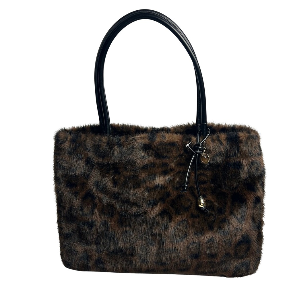 BCBGeneration Faux Fur Leopard Print Tote Bag with Removable Pouch Brown Black